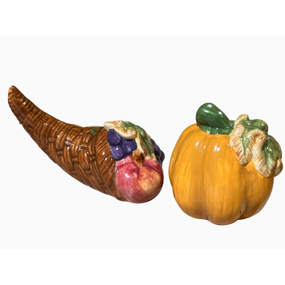 Decorative Ceramic Harvest Cornucopia Thanksgiving Salt and Pepper Shaker Set - Picture 6 of 10